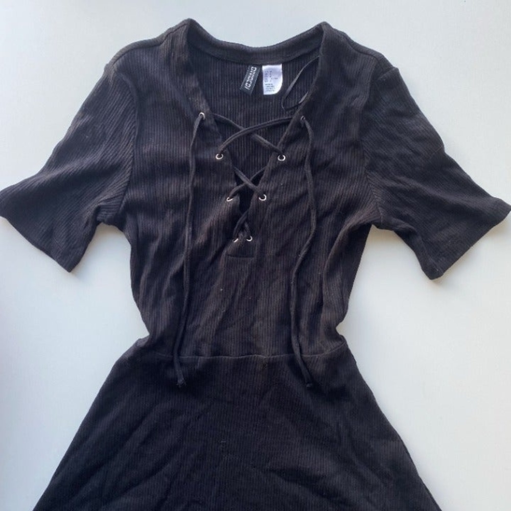 Black Lace-Up Ribbed Dress